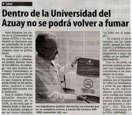 Dentro de la Universidad del Azuay no se podrá volver a fumar