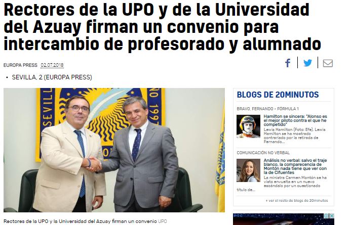 Rectores de la UPO y de la Universidad del Azuay firman un convenio para intercambio de profesorado y alumnado