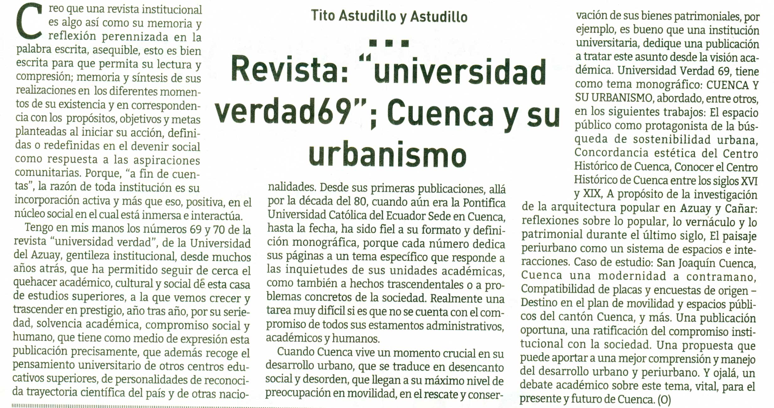 Revista: “Universidad verdad 69”; Cuenca y su urbanismo 