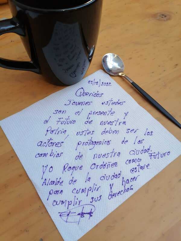 Roque Ordonez - Dear young people, you are the present and the future of our Homeland, you must be the leading actors in the changes in our city. I, Roque Ordoñez, as the Future Mayor of the city, will be here to fulfill and enforce your rights.