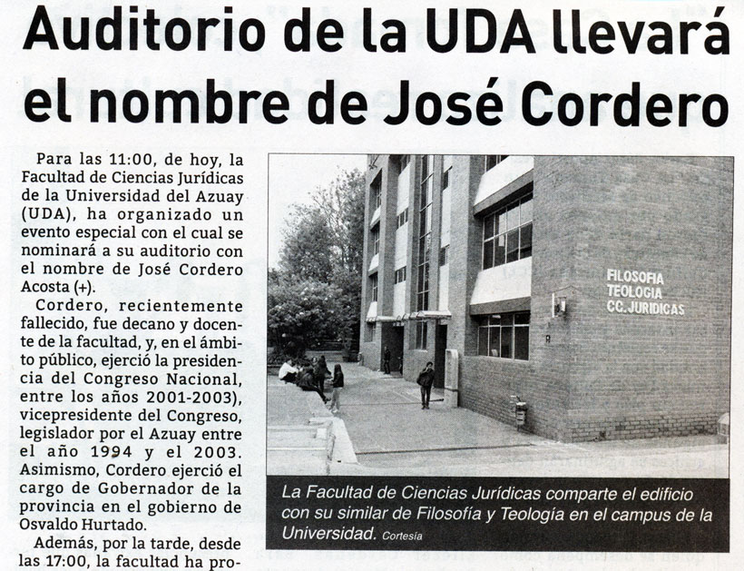 Auditorio de la UDA llevará el nombre de José Cordero
