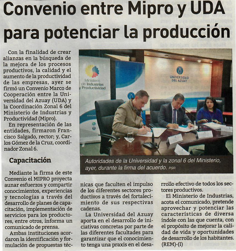 Convenio entre Mipro y UDA para potenciar la producción