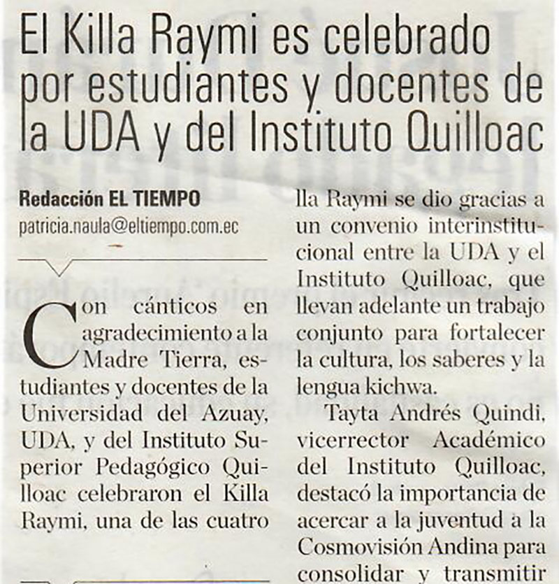 El Killa Raymi es celebrado por estudiantes y docentes de la UDA y del Instituto Quilloac