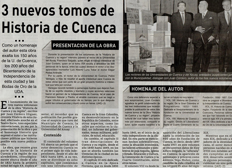 Juan Cordero and his 3 new volumes of the History of Cuenca