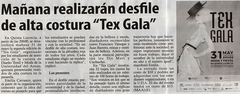 Mañana realizarán desfile de alta costura "Tex Gala"