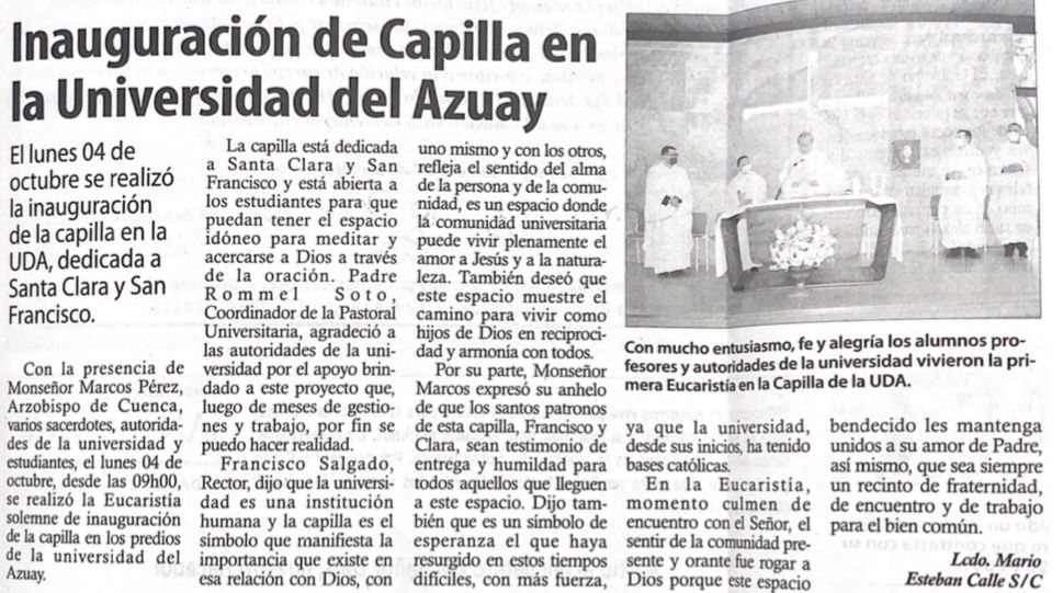 Inauguración de capilla en la Universidad del Azuay 