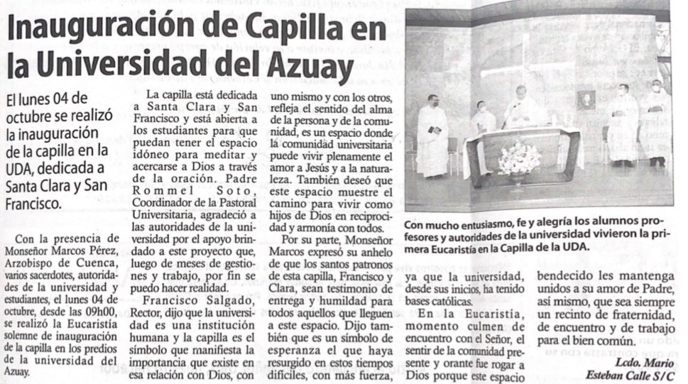 Inauguración de capilla en la Universidad del Azuay