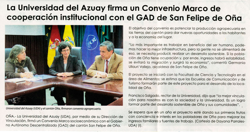  La Universidad del Azuay firma un Convenio Marco de cooperación institucional con el GAD de San Felipe de Oña