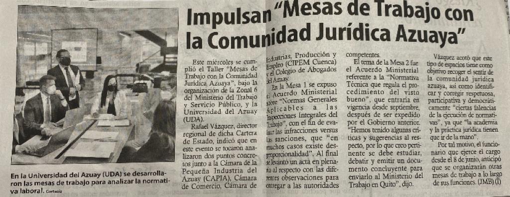 Impulsan ¨Mesas de Trabajo con la Comunidad Jurídica Azuaya¨