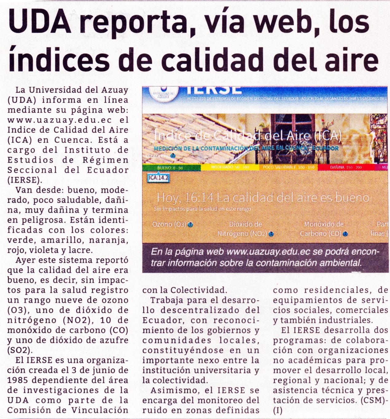 UDA reporta, vía web, los índices de calidad del aire