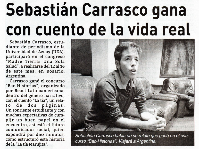 Sebastián Carrasco gana con cuento de la vida real