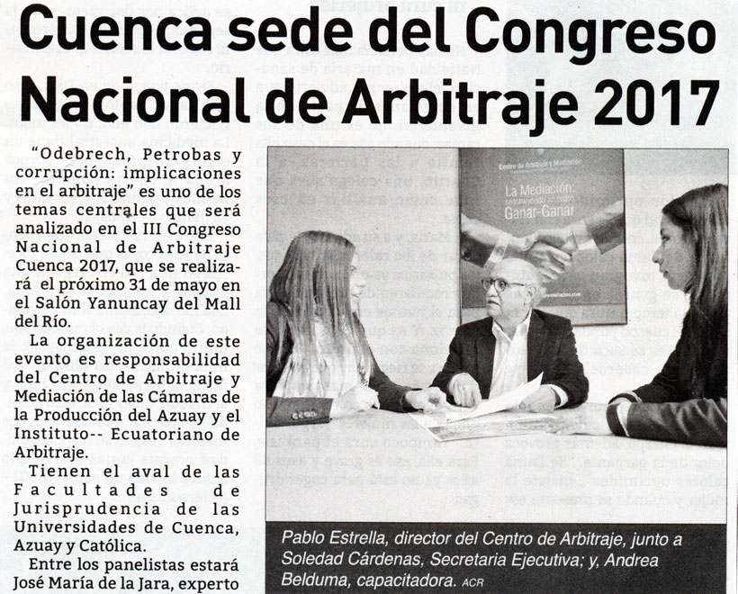 Cuenca sede del Congreso Nacional de Arbitraje 2017