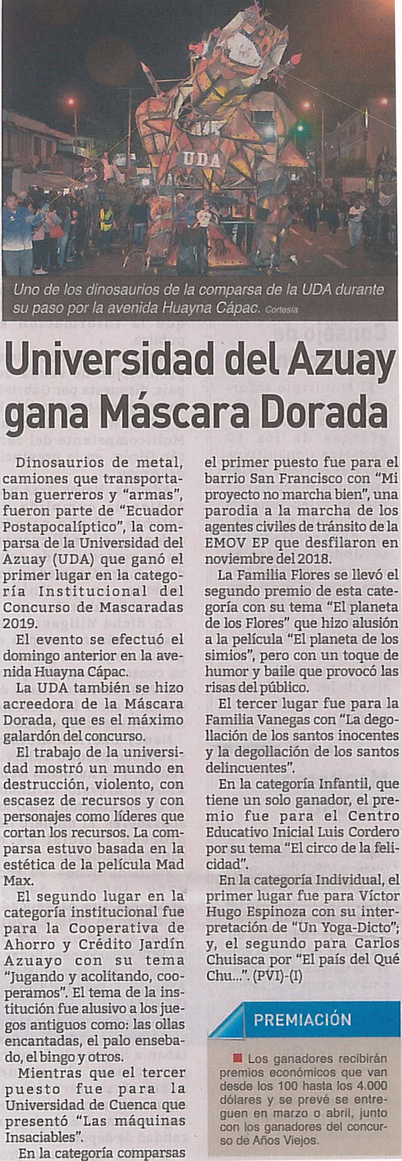 Universidad del Azuay gana Máscara Dorada