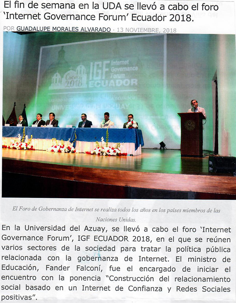 El fin de semana en la UDA se llevó a cabo el foro “Internet Governance Forum” Ecuador 2018