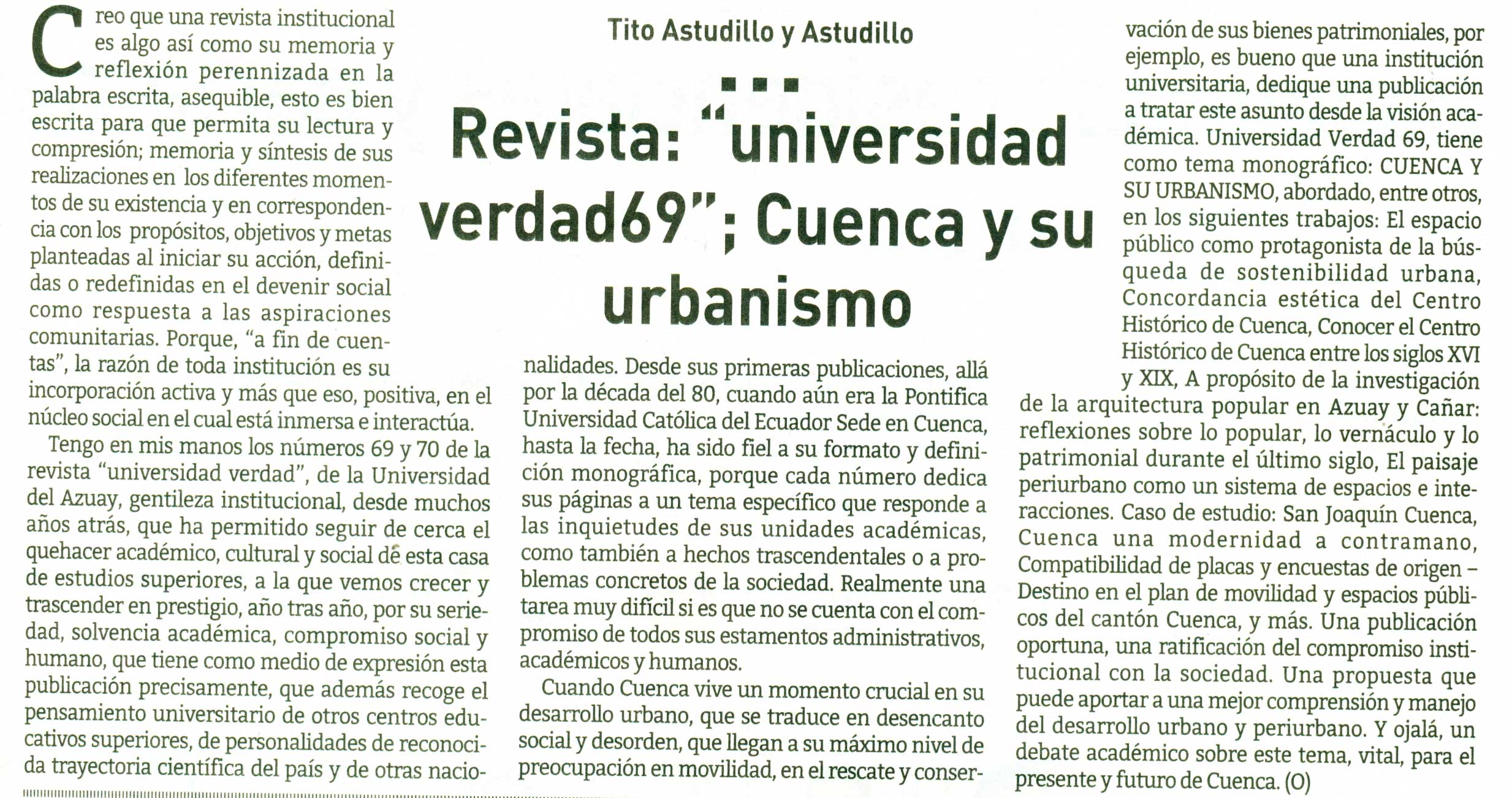 Revista: “Universidad verdad 69”; Cuenca y su urbanismo