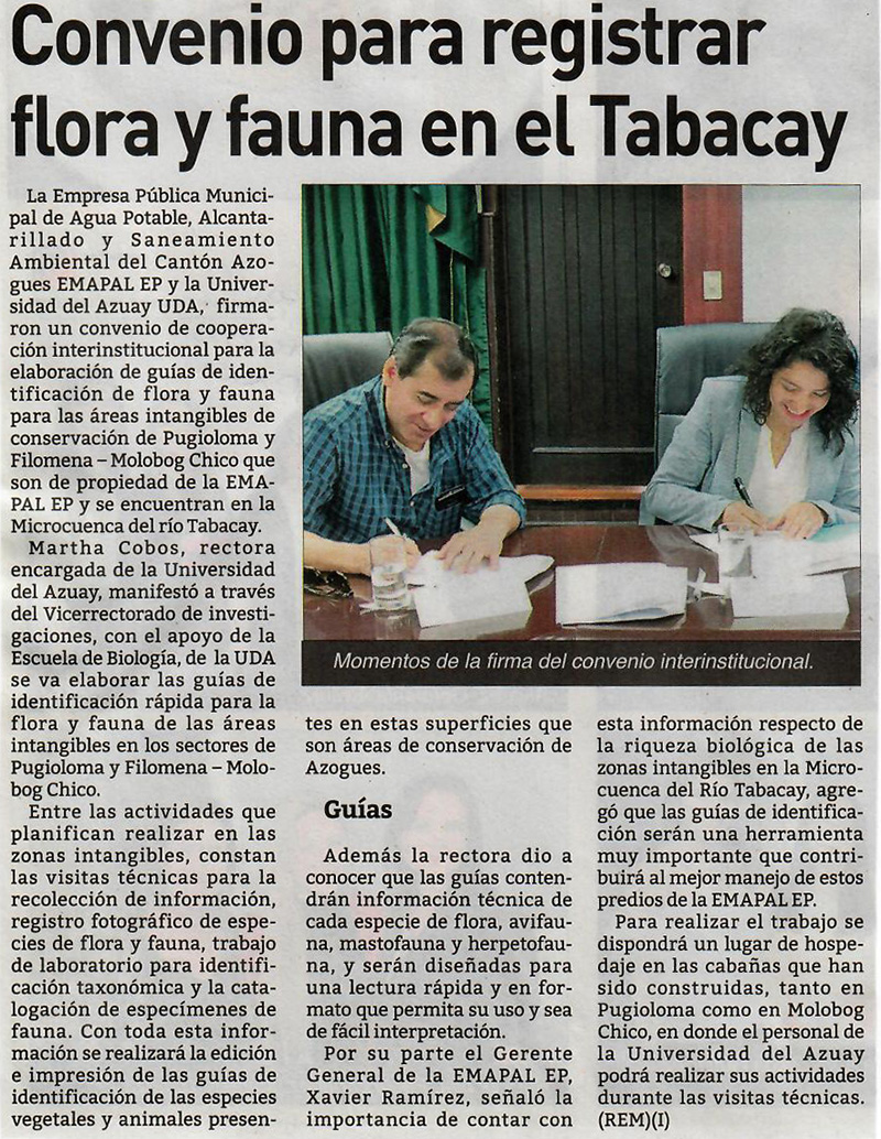 Convenio para registrar Flora y Fauna en el Tabacay