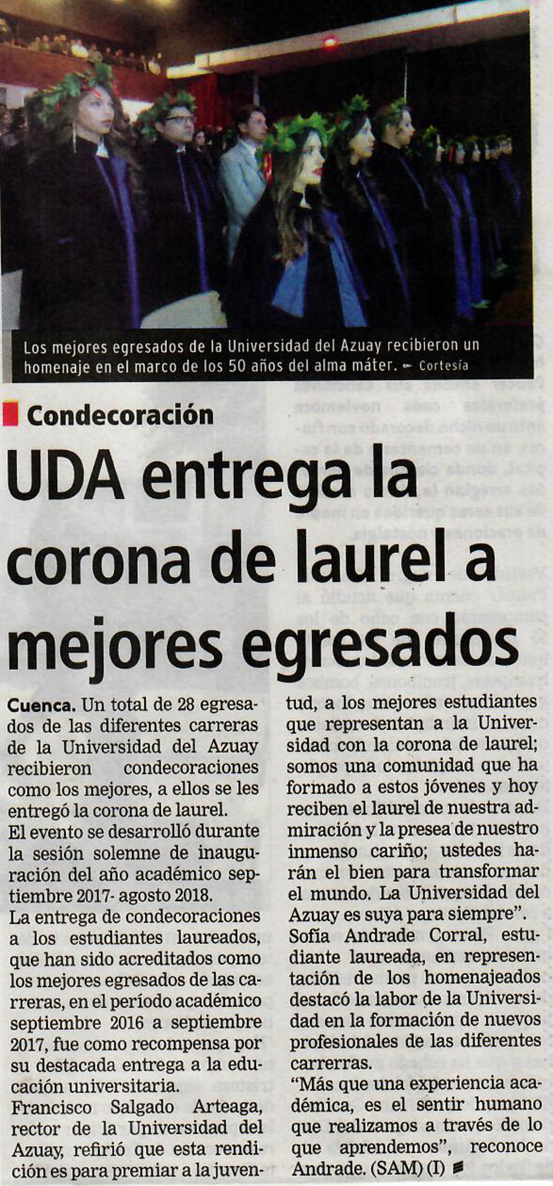 UDA entrega la corona de laurel a mejores egresados