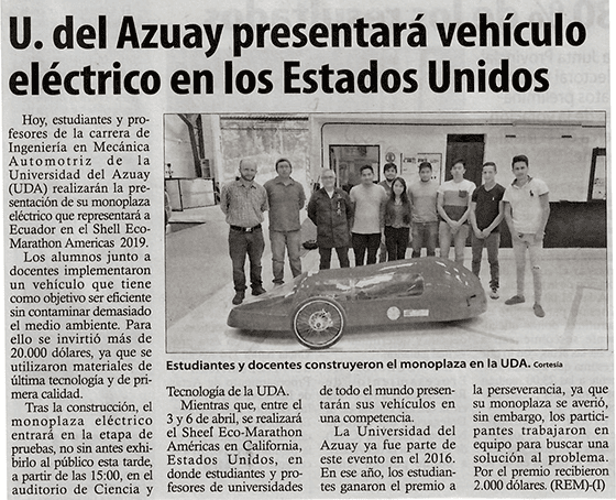 U. del Azuay will present electric vehicle in the United States