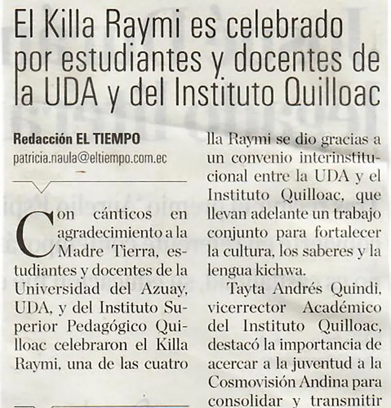 El Killa Raymi es celebrado por estudiantes y docentes de la UDA y del Instituto Quilloac 