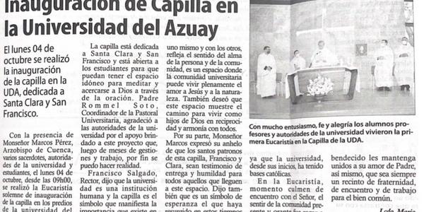 Inauguración de capilla en la Universidad del Azuay 