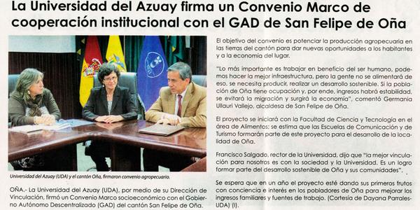 La Universidad del Azuay firma un Convenio Marco de cooperación institucional con el GAD de San Felipe de Oña