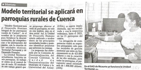 Modelo territorial se aplicará en parroquias rurales de Cuenca 