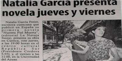 Natalia García presenta novela este jueves y viernes