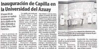 Inauguración de capilla en la Universidad del Azuay