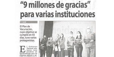 ¨9 millones de gracias¨ para varias instituciones